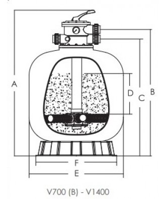 Sand filter with top six-way valve, model "V", Emaux