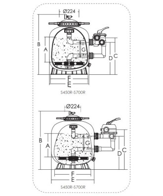 Sand filter with 6-way side valve, model "SR", Emaux