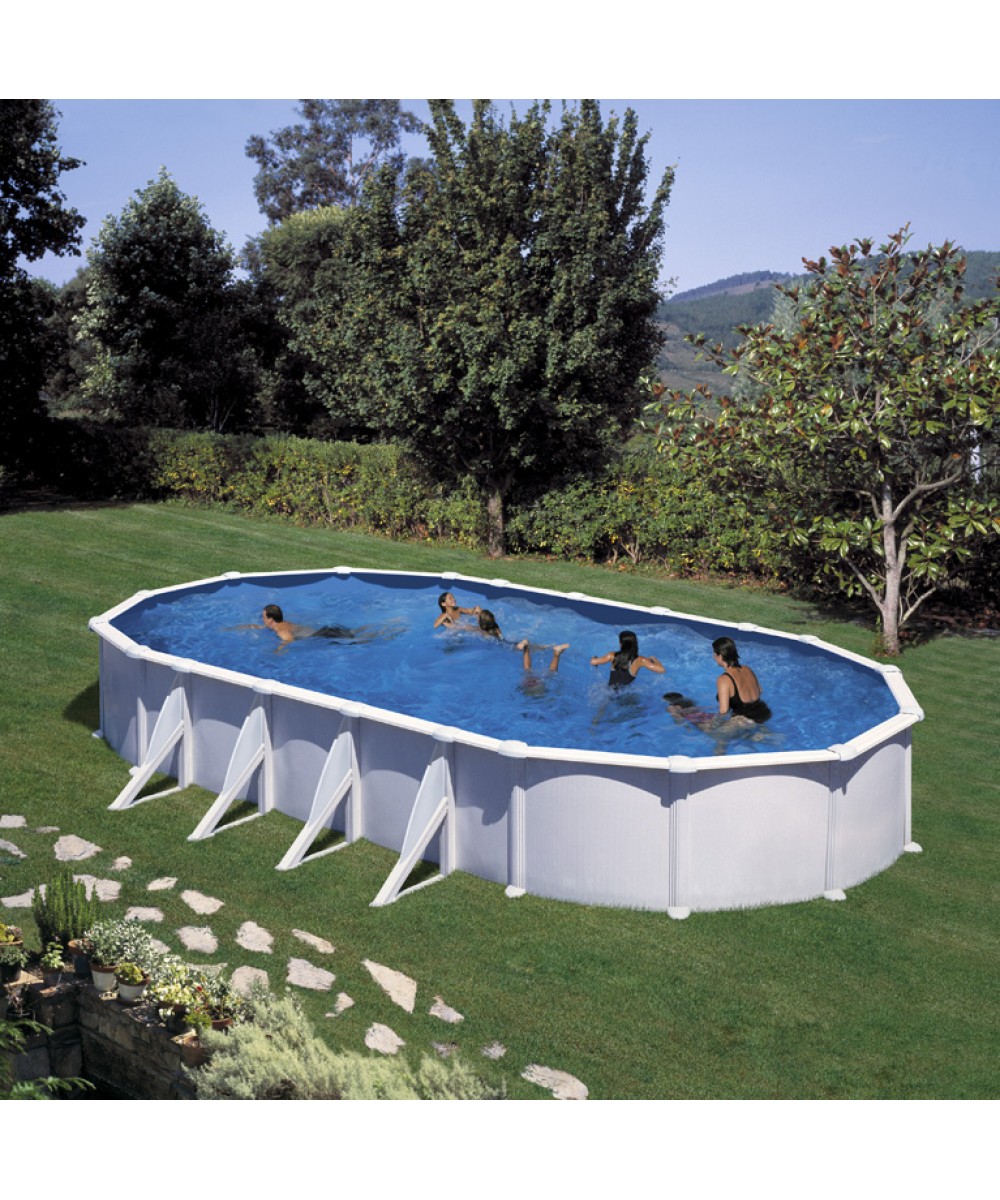 Above-ground steel wall oval pool with dimensions: 9.15 x 4.70m, depth: 1,32m, EU