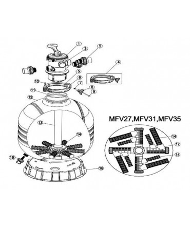 Clamp with sand filter screw, model "MFV" and "MFS", Emaux